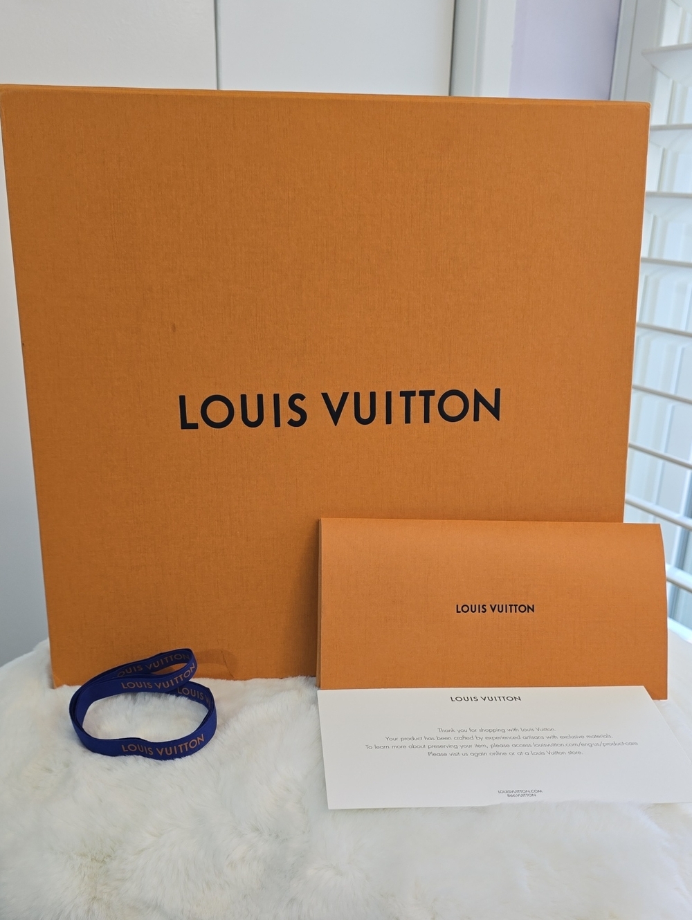 LOUIS VUITTON Orange Box/ Black Logo, Matching Envelope With Navy Accent Ribbon - Picture 1 of 11